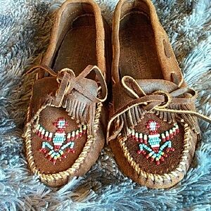 Minnetonka Brown Moccasins with Colorful Beading